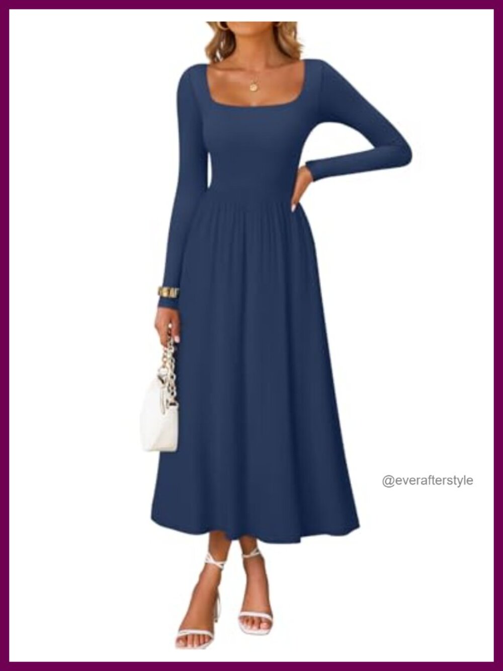 Womens Long Sleeve Midi Dress Square Neck Fit & Flare Fall Classy